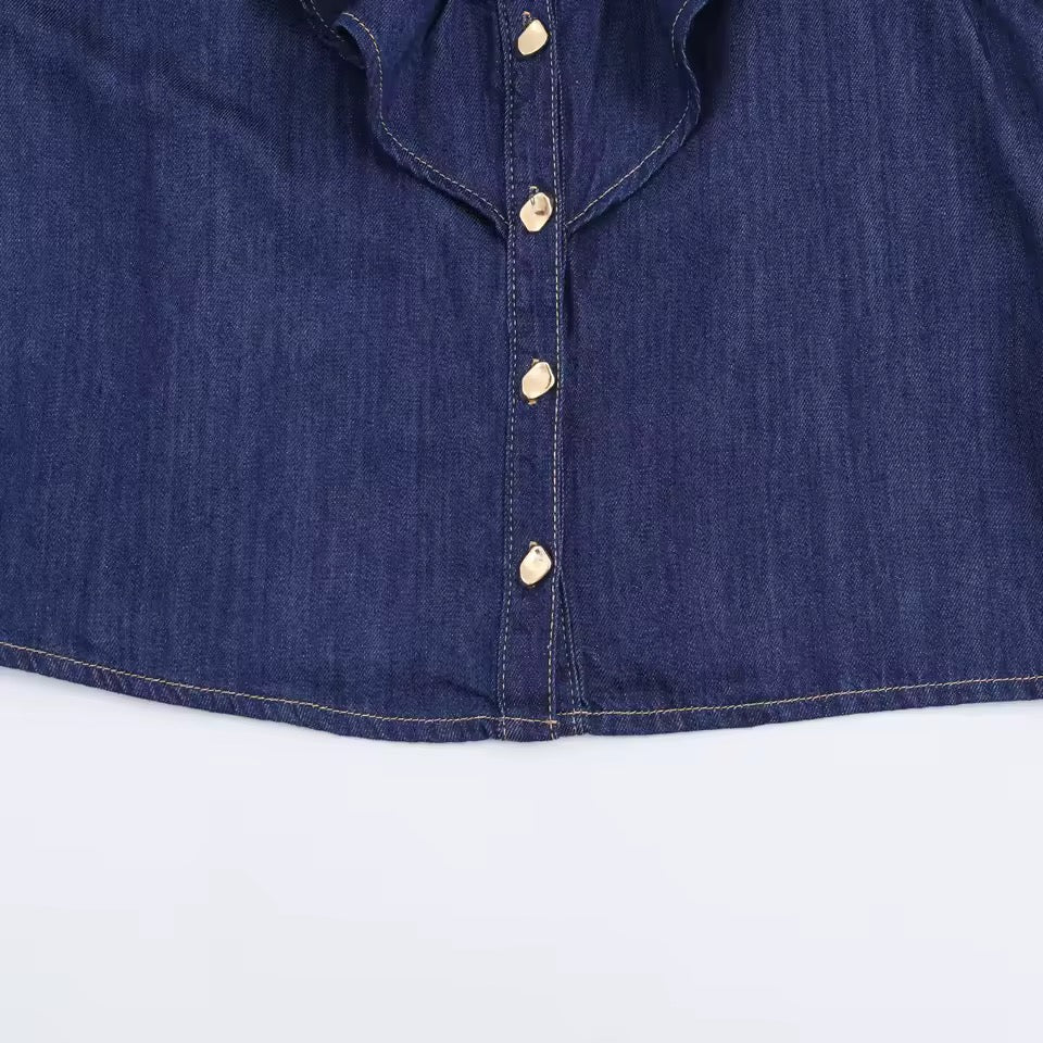 AMIRA – Denim Zweiteiler mit Rüschenbluse & Hose