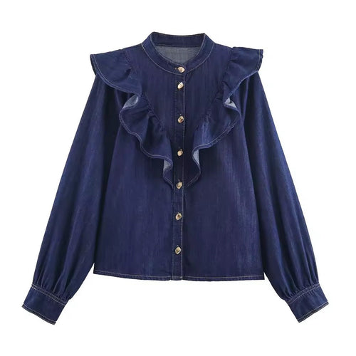 AMIRA – Denim Zweiteiler mit Rüschenbluse & Hose