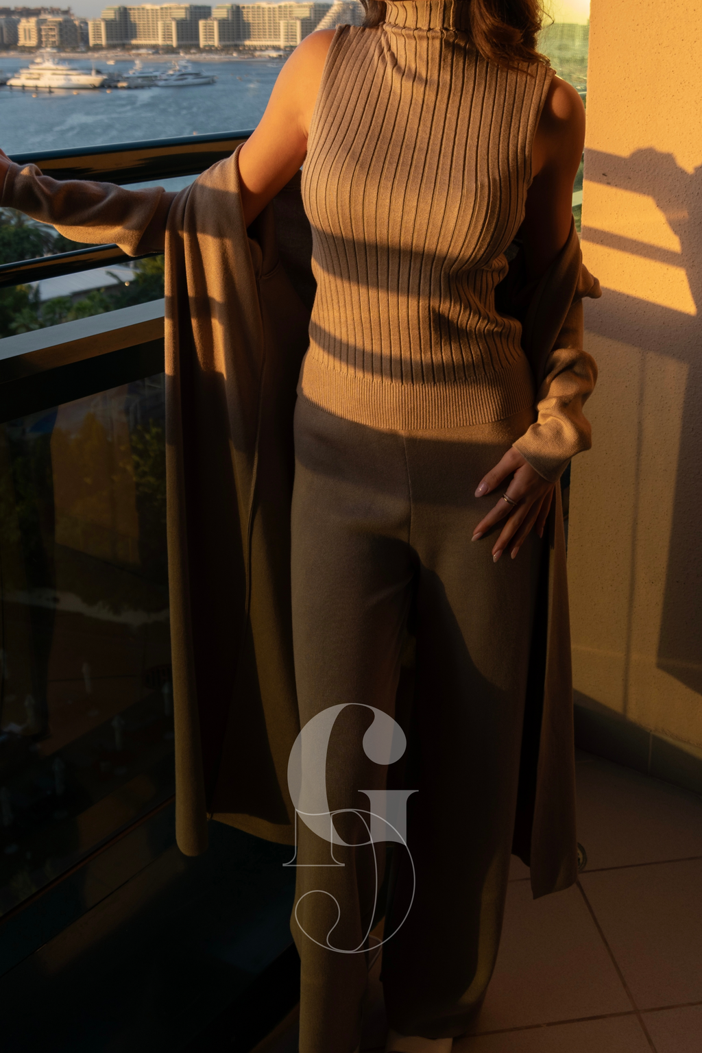 HELEN - Three-piece long cardigan, wide trousers &amp; sleeveless turtleneck knitted top