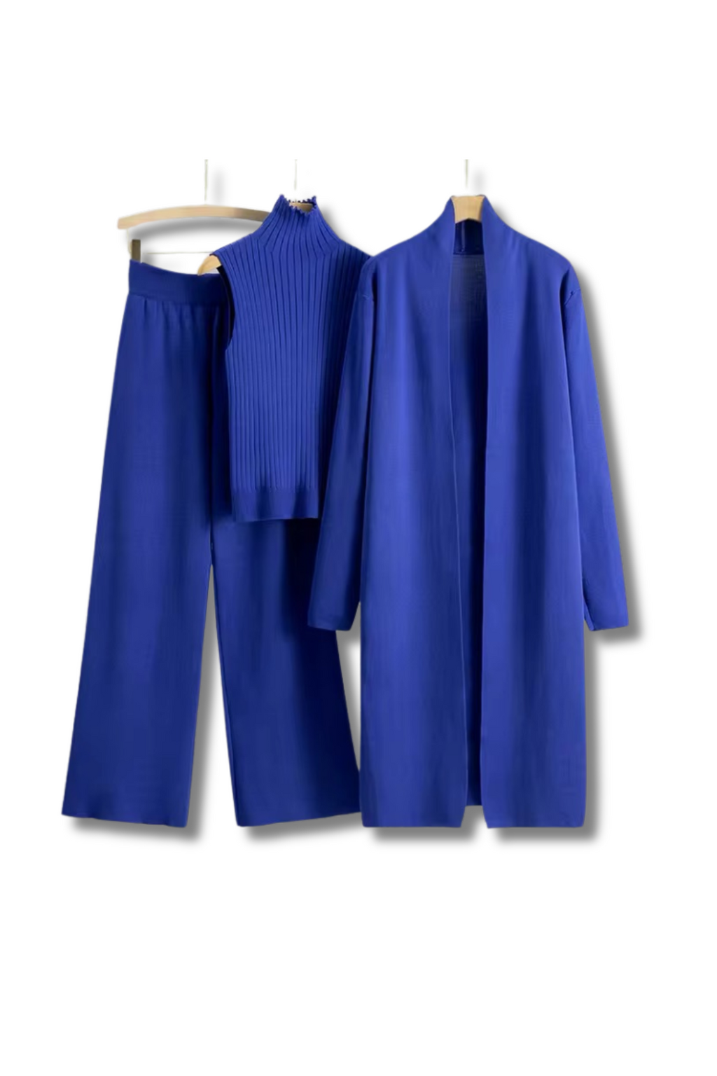 HELEN - Three-piece long cardigan, wide trousers &amp; sleeveless turtleneck knitted top