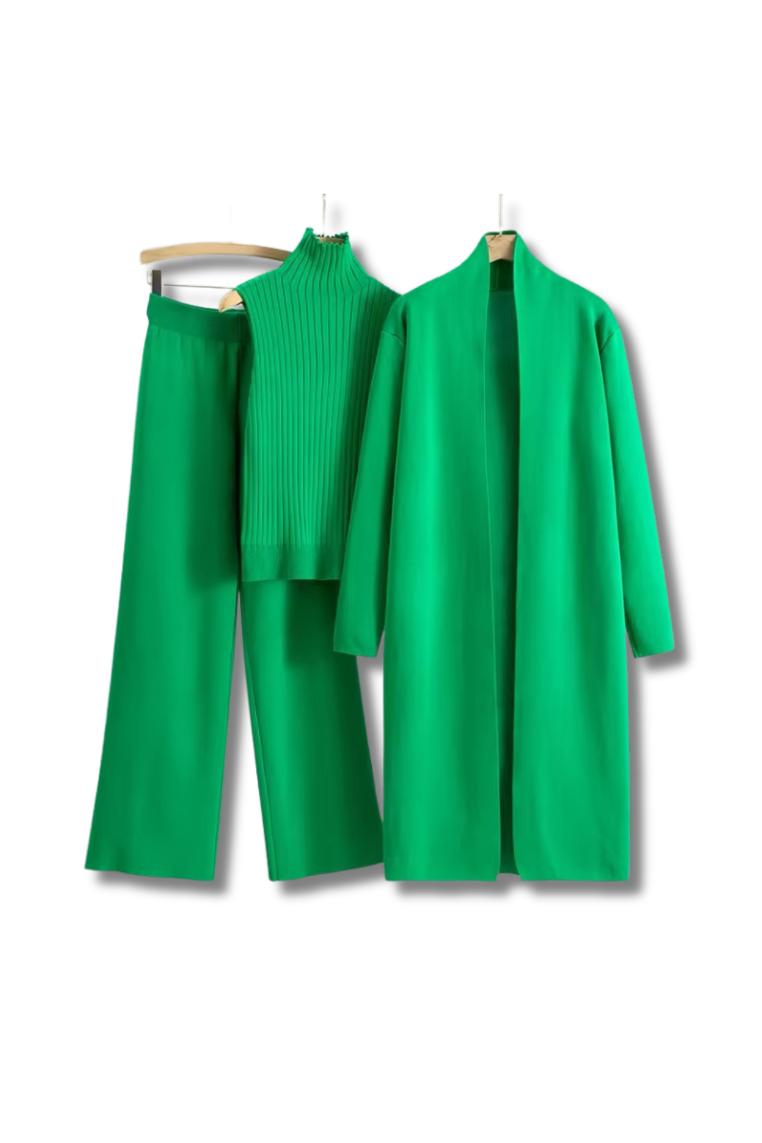 HELEN - Three-piece long cardigan, wide trousers &amp; sleeveless turtleneck knitted top