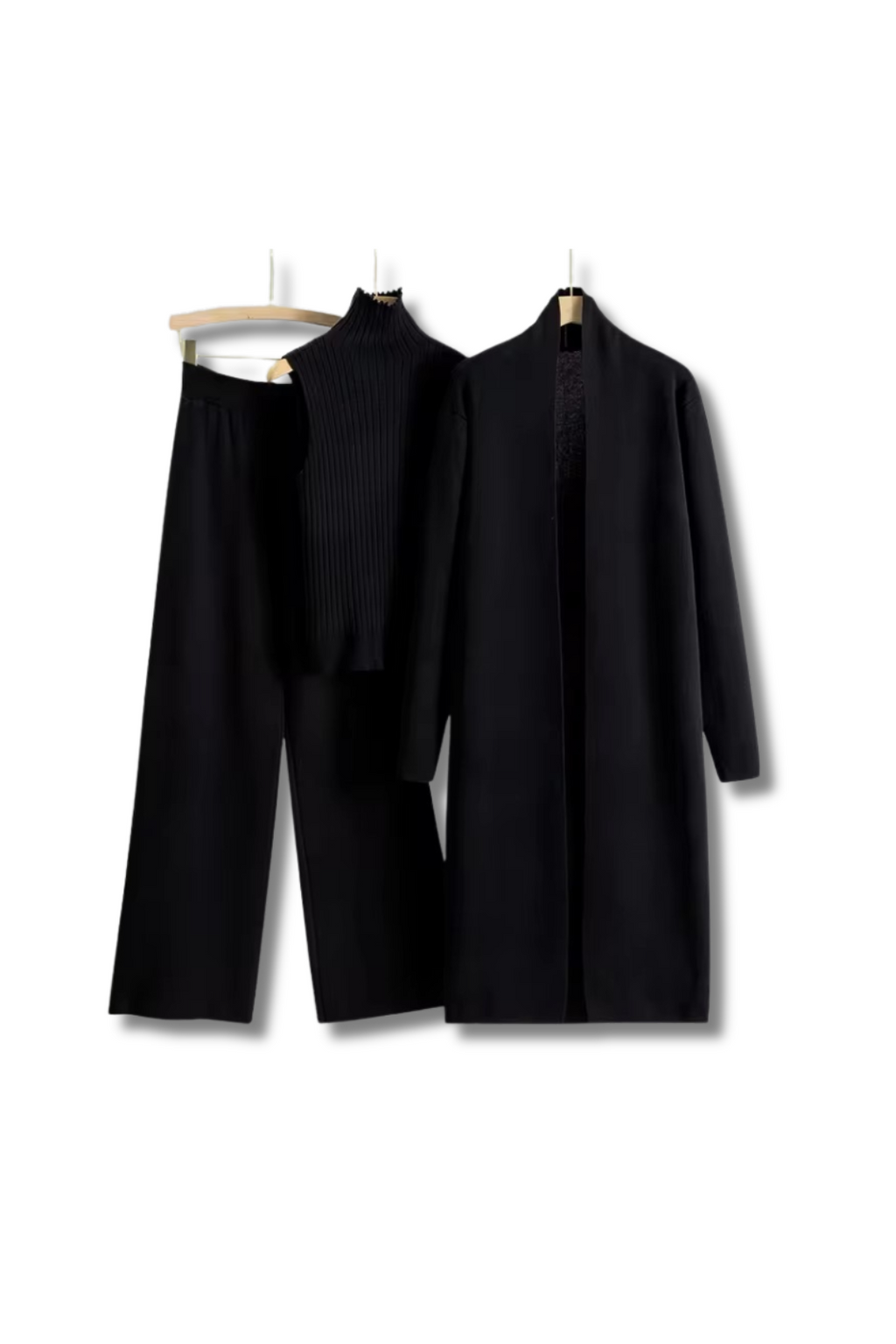 HELEN - Three-piece long cardigan, wide trousers &amp; sleeveless turtleneck knitted top