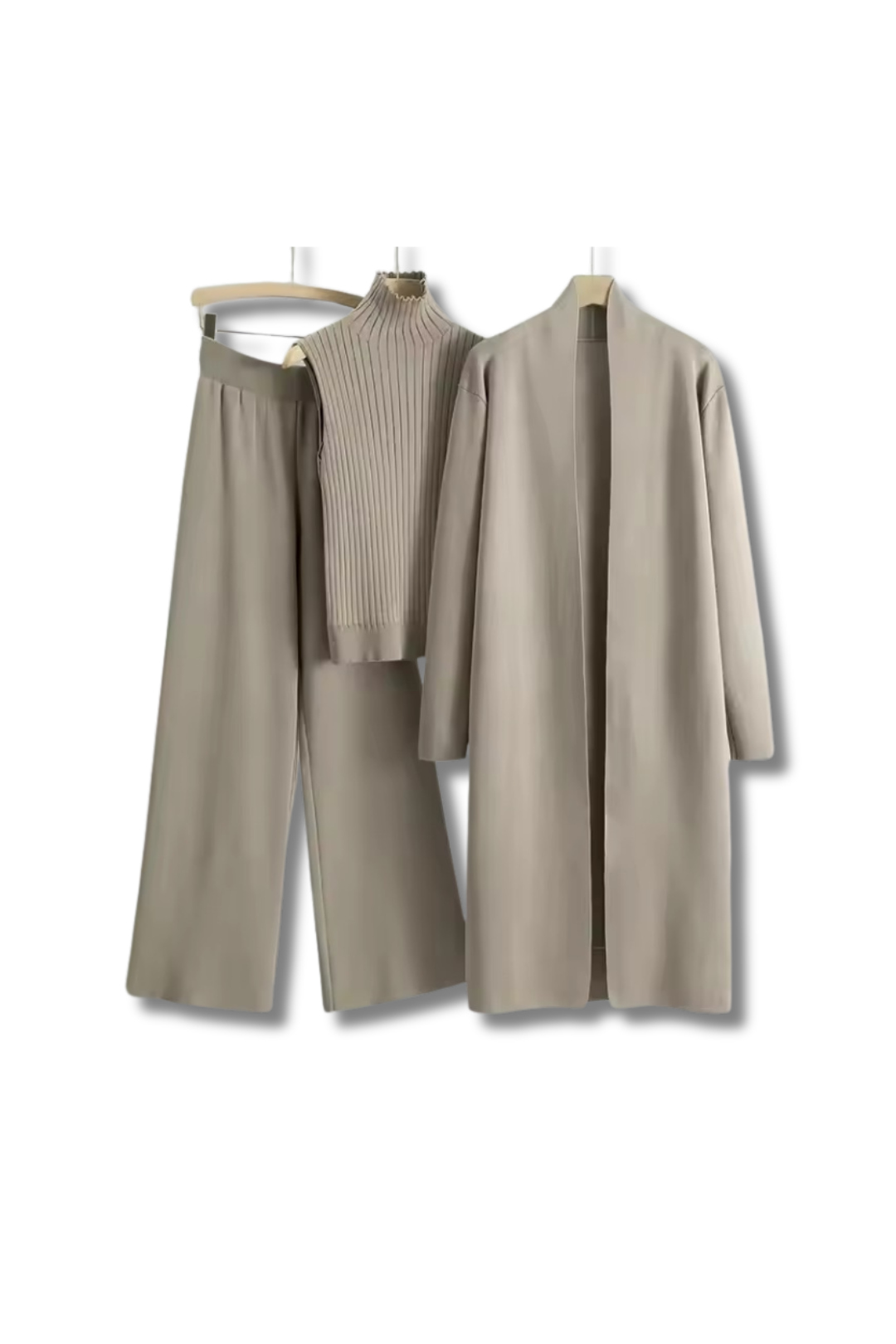 HELEN - Three-piece long cardigan, wide trousers &amp; sleeveless turtleneck knitted top