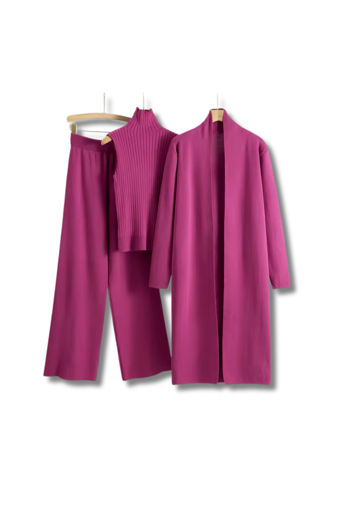 HELEN - Three-piece long cardigan, wide trousers &amp; sleeveless turtleneck knitted top