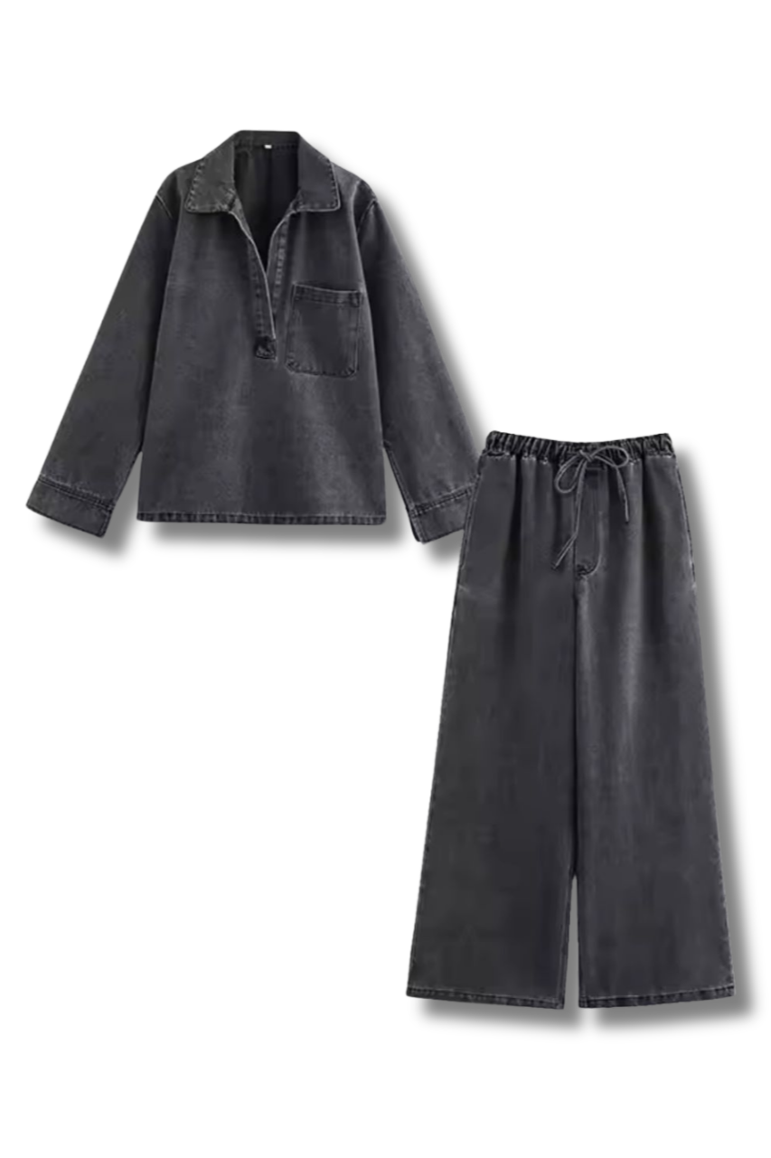 SARA - combo set consisting of a tunic and wide trousers in denim look