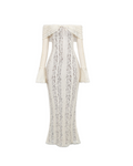 GEORGIANA – Figure-hugging lace evening dress with a Carmen neckline