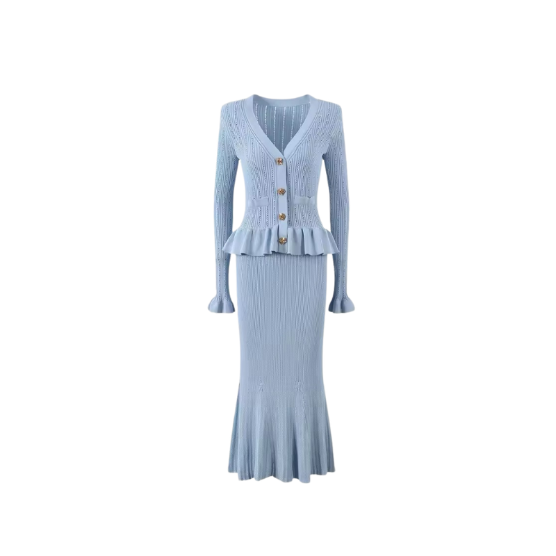 CIDNEY - Fine knit dress with peplum and statement decorative buttons